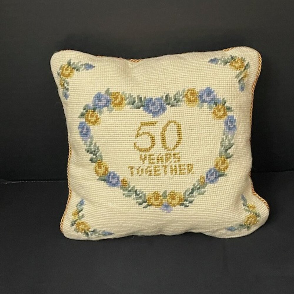 Lillian Vernon Needlepoint Floral Throw Pillow 50 Years Together Wool Cotton